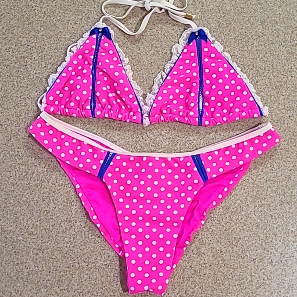 Rare Beach Bunny Pink Polka Dot Triangle Bikini Set Haute Dot